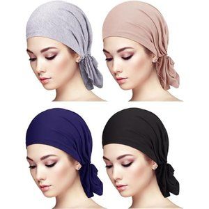 4Pieces Slip-On PreTied Head Scarves Women Headwear Turban Beanie Caps Head Wrap